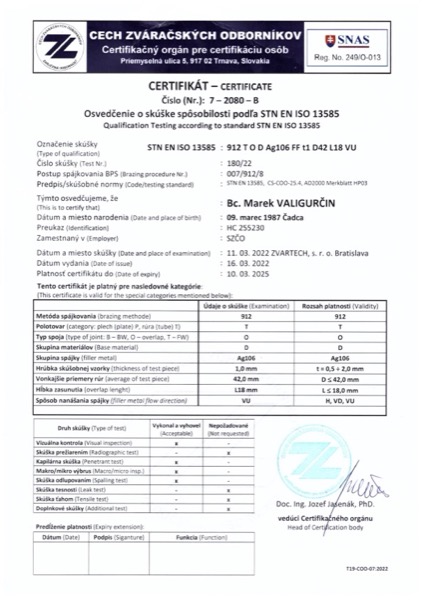 Certifikát spôsobilosti na tvrdé spájkovanie podľa STN EN ISO 13585