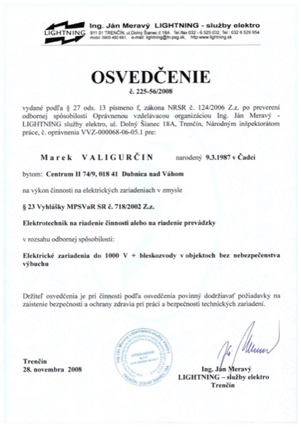 Osvedčenie elektrotechnika — zariadenia do 1000 V a bleskozvody