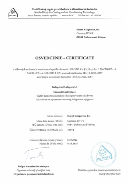 Osvedčenie na manipuláciu s chladivami — F-plyny, kategória I