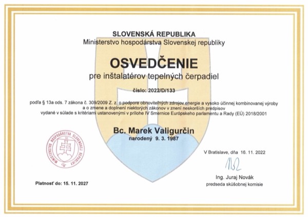 Osvedčenie pre inštalatérov tepelných čerpadiel