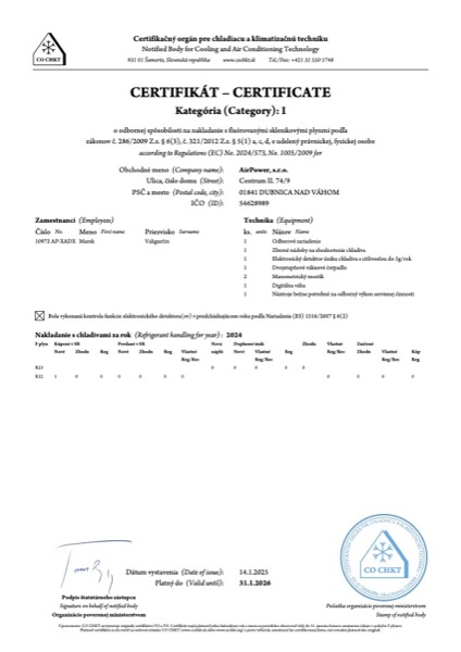 Firemný certifikát na nakladanie s chladivami — kategória I