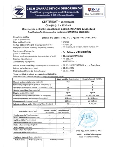 Certifikát na tvrdé spájkovanie podľa STN EN ISO 13585